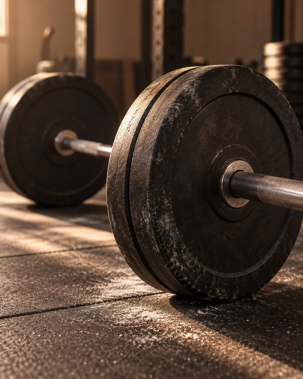 Barra olímpica con discos sobre el suelo del gimnasio