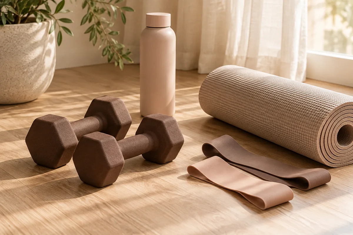 Mancuernas, bandas elásticas y esterilla para entrenar en casa
