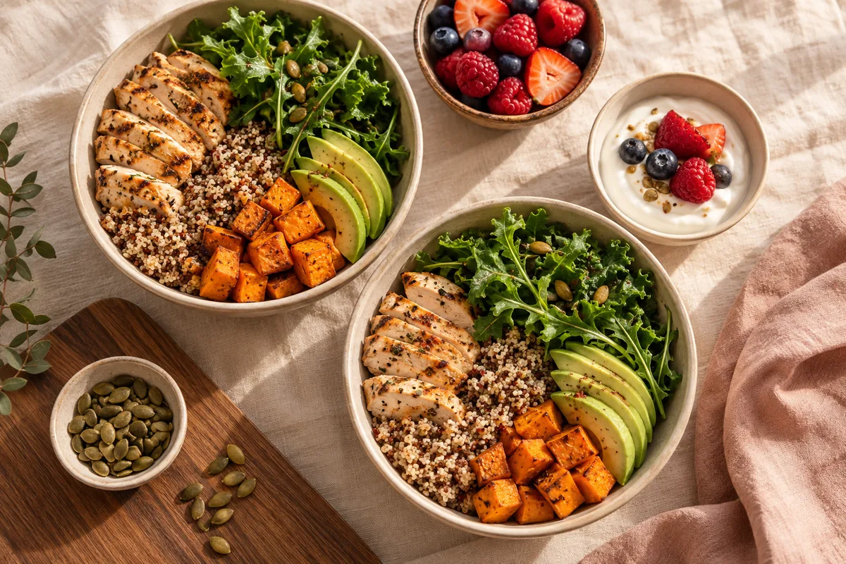 Bowls de comida saludable con pollo, quinoa, aguacate y boniato